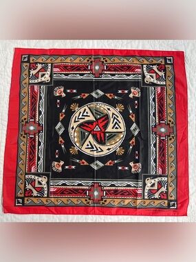Vtg Wamcraft Bandana USA Southwest Aztec Native American Tribal Print Eagle Red